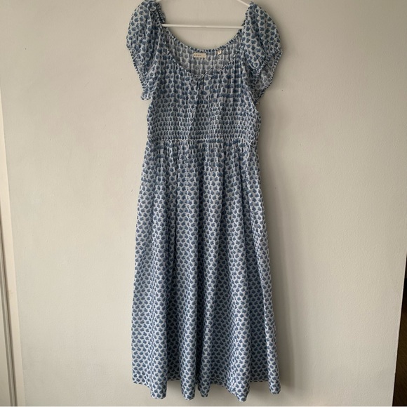 Doen Quinn Cotton Smocked Short Sleeve Midi Maxi Dress Dahlia Ditsy Blue White - Picture 9 of 16